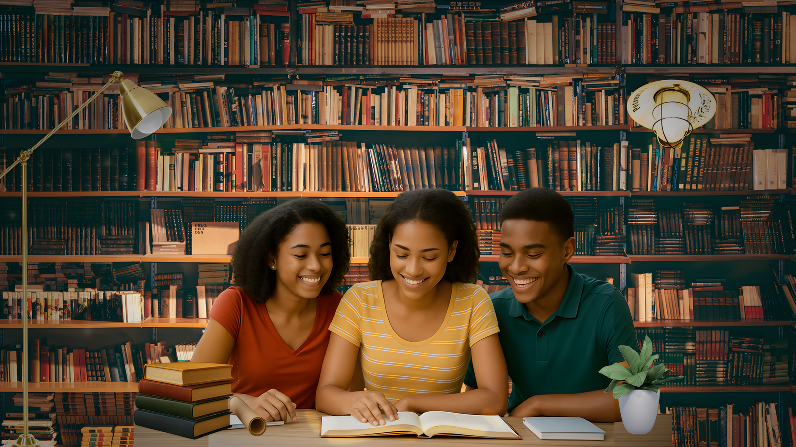 Three high school students studying together with textbooks in a library setting, promoting Caribbean academic success through study guides and educational materials.